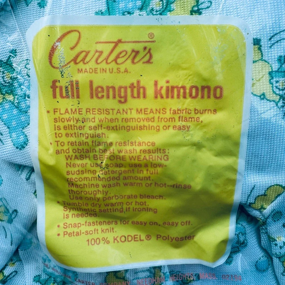 Vintage Carters Full Length Kimono Baby Gown Blue Bear Print Layette Size NEW